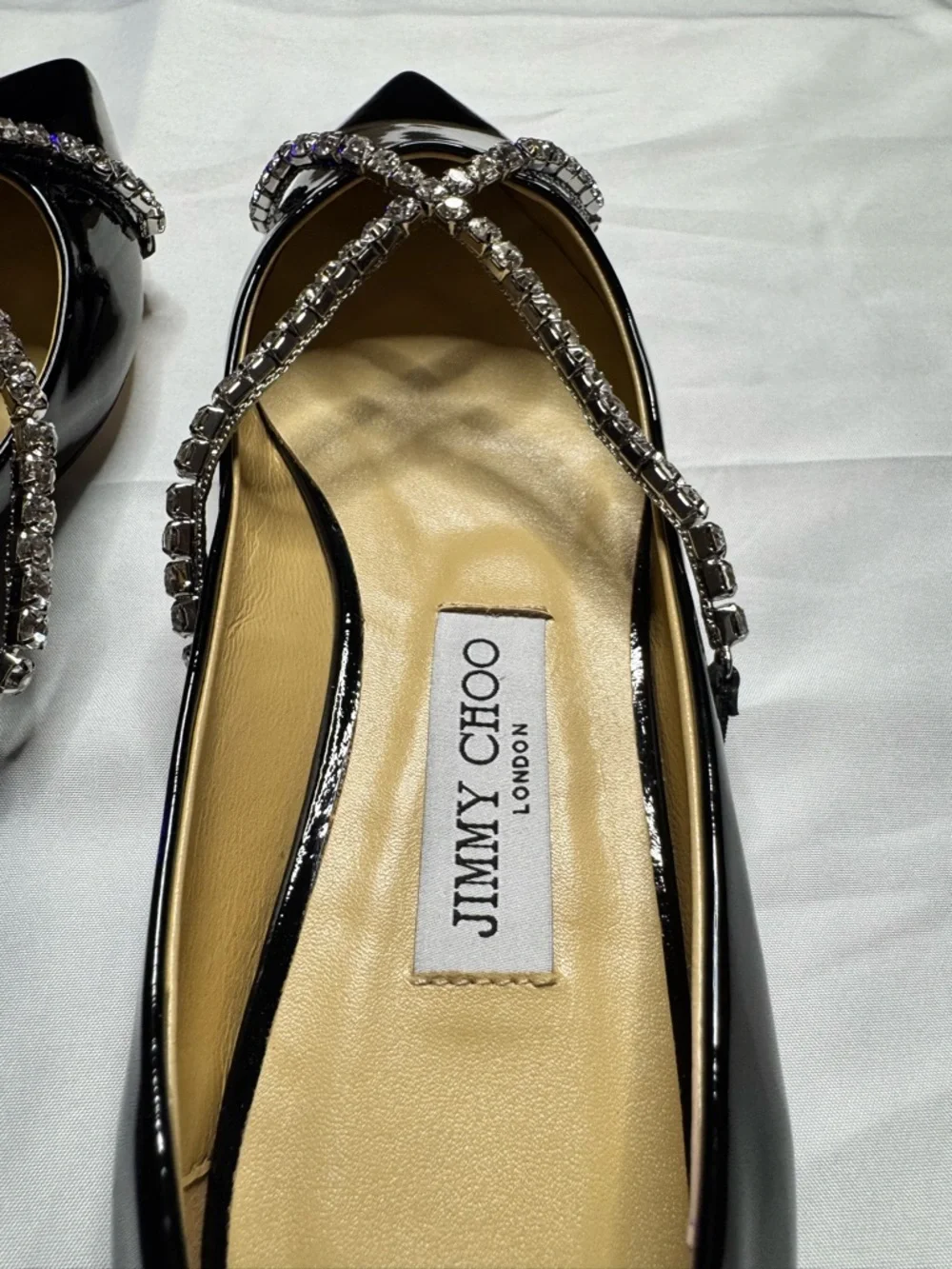 Jimmy Choo Crystal Strap Pointed Toe Flats Black Patent Leather Size 8 New - Picture 8 of 10